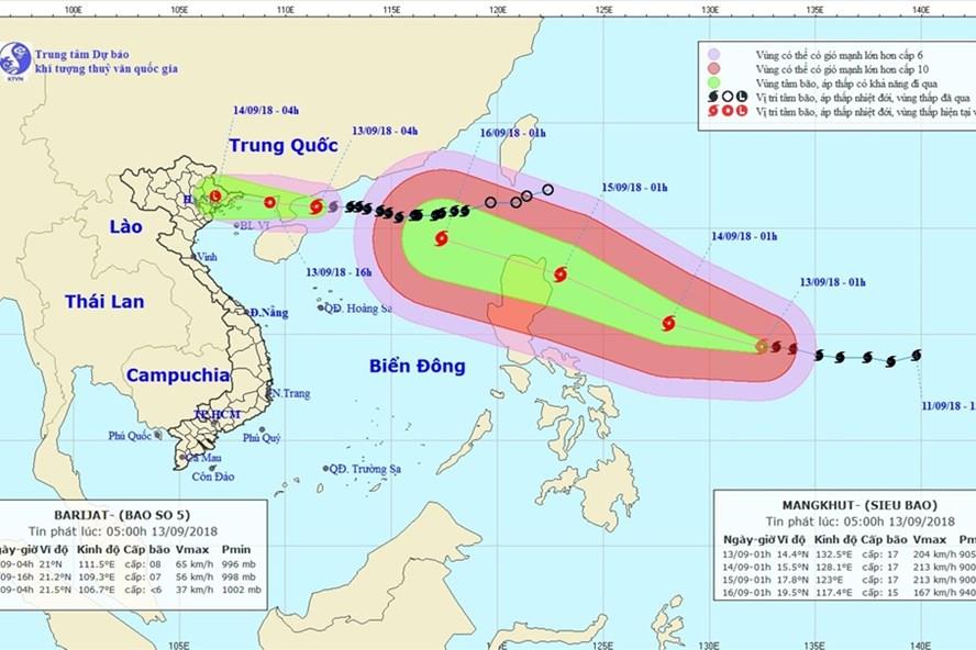 Tin bão trên đất liền (Cơn bão số 5) và tin siêu bão gần Biển Đông (MANGKHUT)  