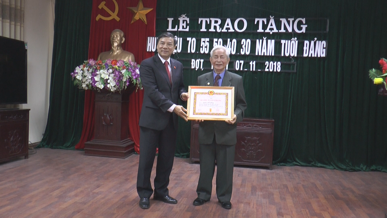 Phó Bí thư Thường trực Tỉnh ủy Nguyễn Hữu Quất trao Huy hiệu Đảng tại phường Đình Bảng, thị xã Từ Sơn
