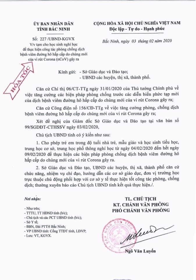 Công văn của UBND tỉnh về việc tạm cho học sinh nghỉ học để thực hiện công tác phòng chống dịch bệnh viêm đường hô hấp cấp CORONA