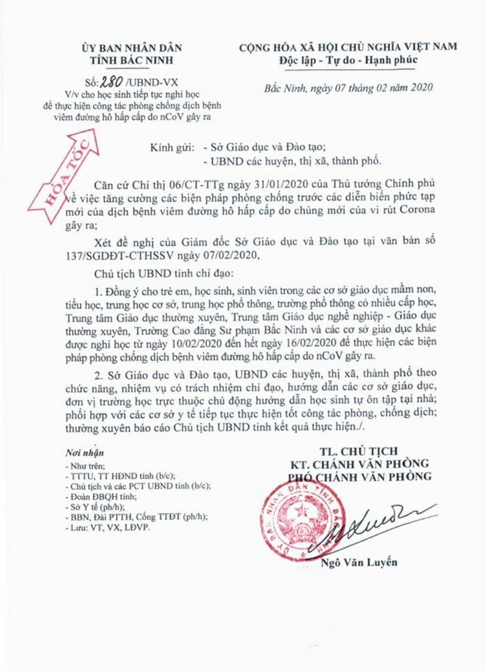 Bắc Ninh tiếp tục cho học sinh tiếp tục nghỉ học thêm 1 tuần  từ 10/2 đến 16/2