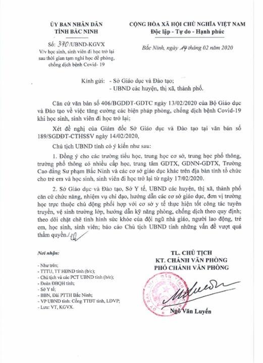 Công văn của UBND tỉnh về việc cho học sinh tiếp tục nghỉ học học 
