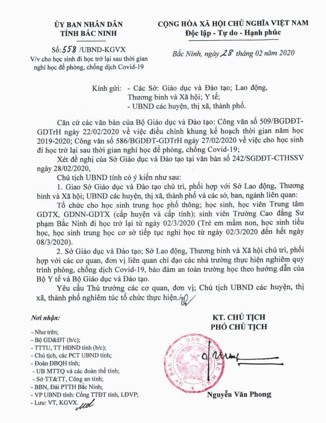 Công văn của UBND tỉnh về việc cho học sinh đi học trở lại sau thời gian nghỉ học để phòng chống dịch bệnh Covid - 19