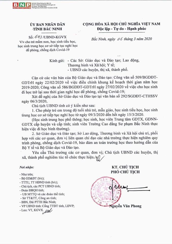 Công văn của UBND tỉnh về việc cho học sinh tiếp tục cho học sinh nghỉ học để phòng chống dịch bệnh Covid - 19