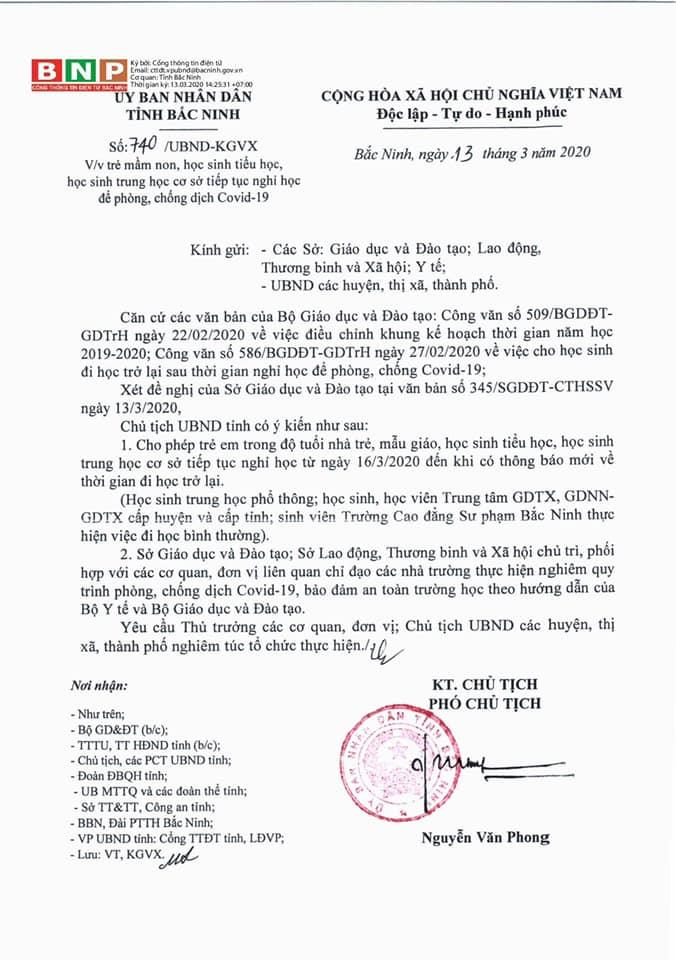 Công điện của UBND tỉnh về việc cho học sinh nghỉ học