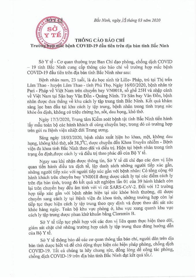 Thông cáo báo chí về bệnh nhân Covid 19 tại Bắc Ninh