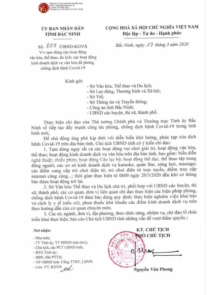 Tạm dừng các hoạt động văn hóa, thể thao, du lịch để phòng, chống dịch Covid-19