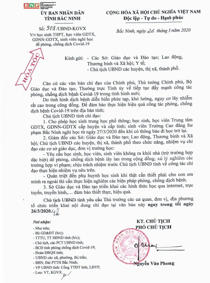 Công văn của UBND tỉnh về việc cho học sinh THPT nghỉ học để phòng chống dịch