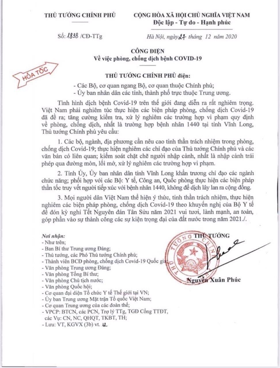 Công điện của Thủ tướng Chính phủ về việc phòng, chống covid 19
