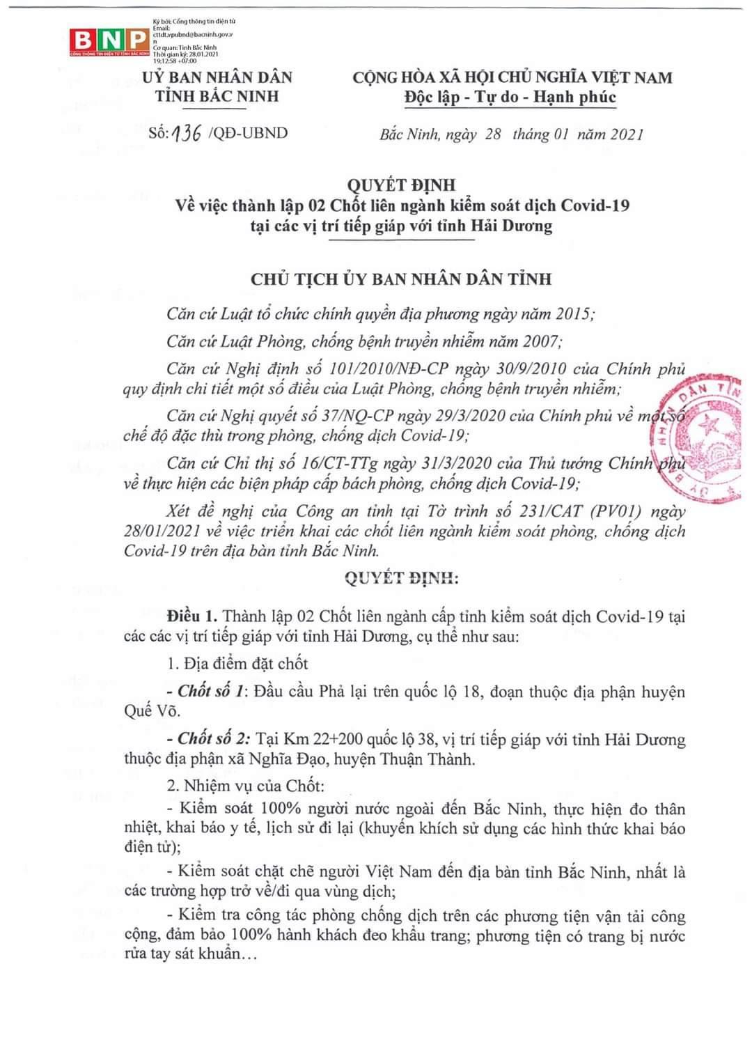 Quyết định của UBND tỉnh về việc thành lập 2 chốt kiểm dịch tiếp giáp tỉnh Hải Dương