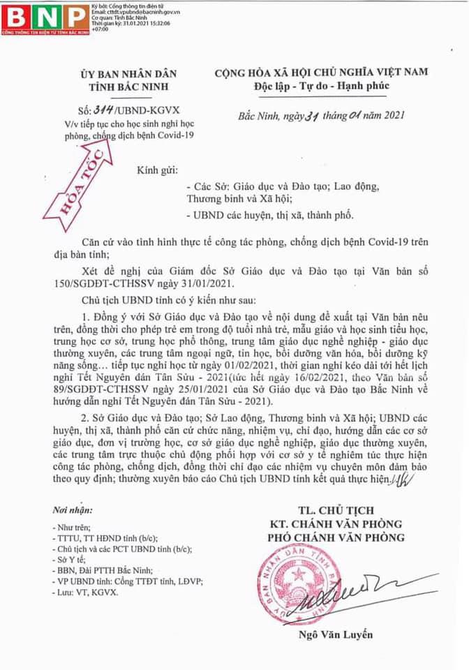 Công văn của UBND tỉnh về việc tiếp tục cho học sinh nghỉ học để phòng chống dịch bệnh