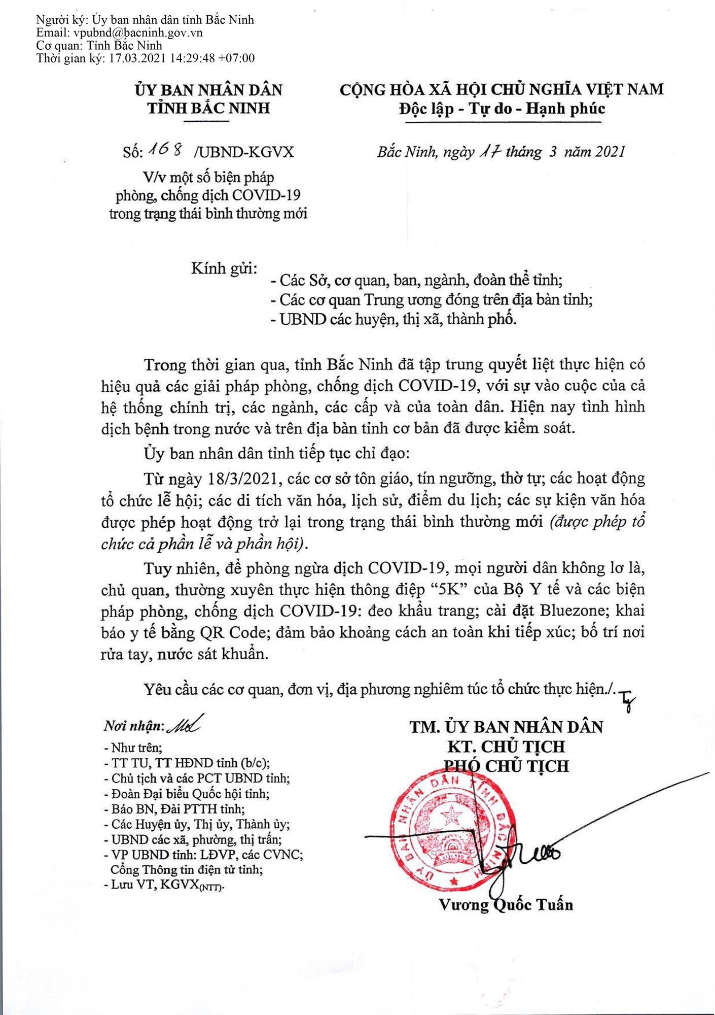 Công văn của UBND tỉnh về việc một số biện pháp phòng, chống dịch COVID trong trạng thái bình thường mới