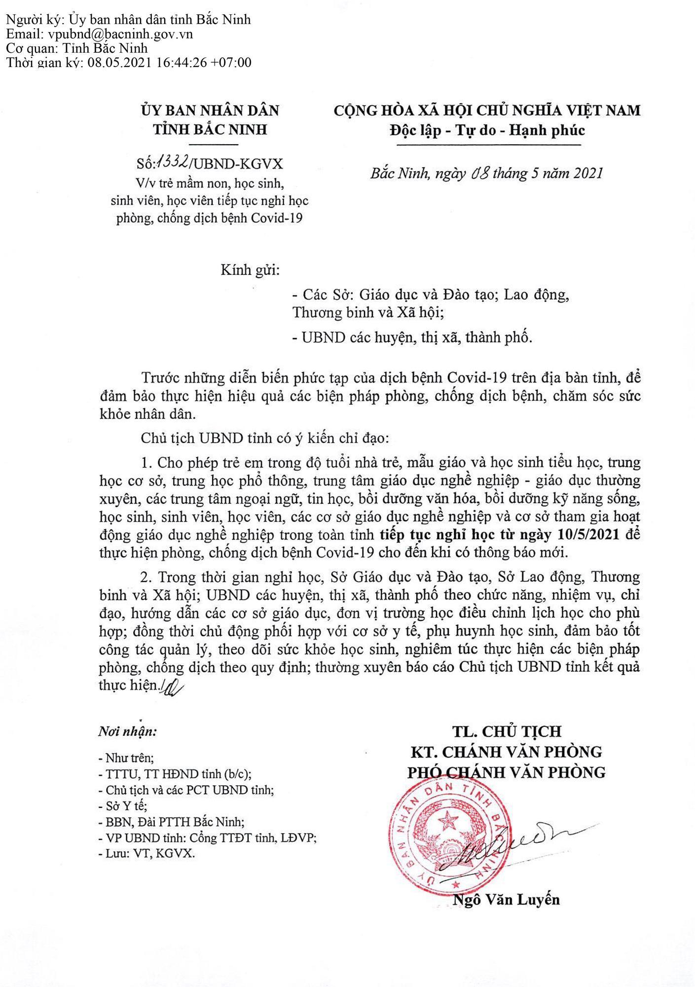 Công văn của UBND tỉnh về việc trẻ mầm non, học sinh, sinh viên, học viên tiếp tục nghỉ học để phòng, chống dịch bệnh Covid 19