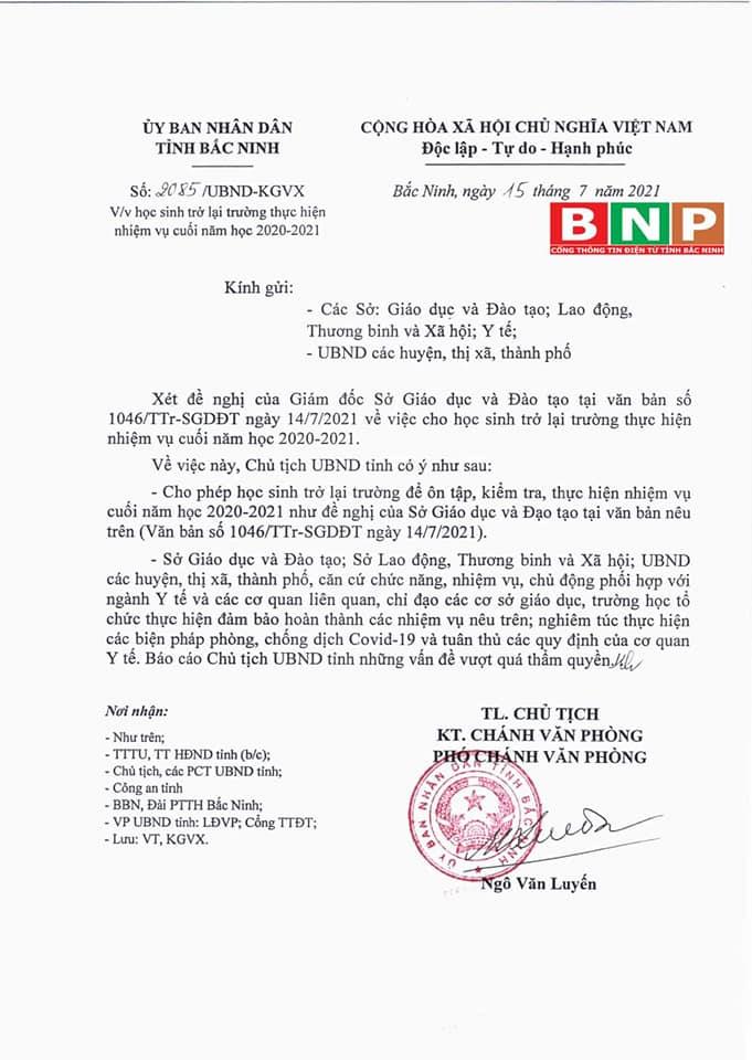 Bắc Ninh: Học sinh trở lại trường thực hiện nhiệm vụ cuối năm học 2020-2021