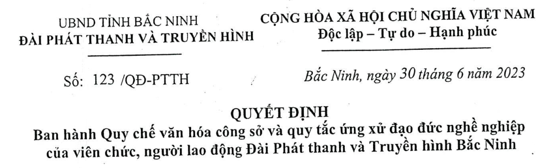 Quyết định ban hành Quy chế Văn hóa công sở Đài Phát thanh và Truyền hình Bắc Ninh