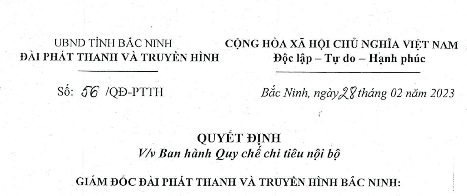 Quyết định: Ban hành Quy chế chi tiêu nội bộ Đài Phát thanh và Truyền hình Bắc Ninh