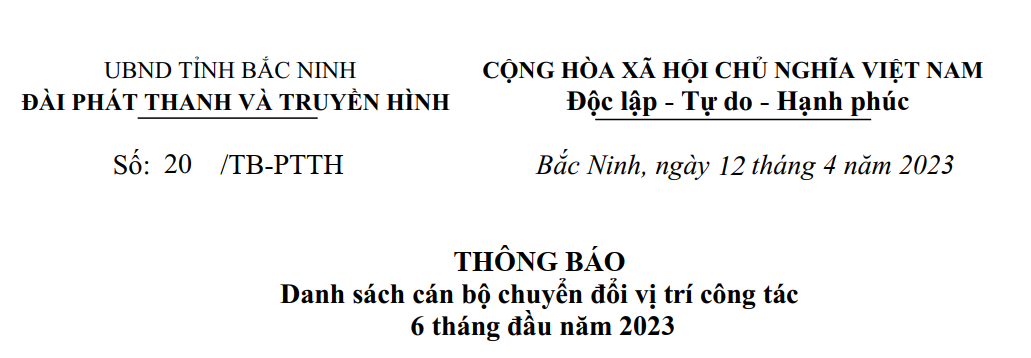 Thông báo: Danh sách cán bộ chuyển đổi vị trí công tác 6 tháng đầu năm 2023