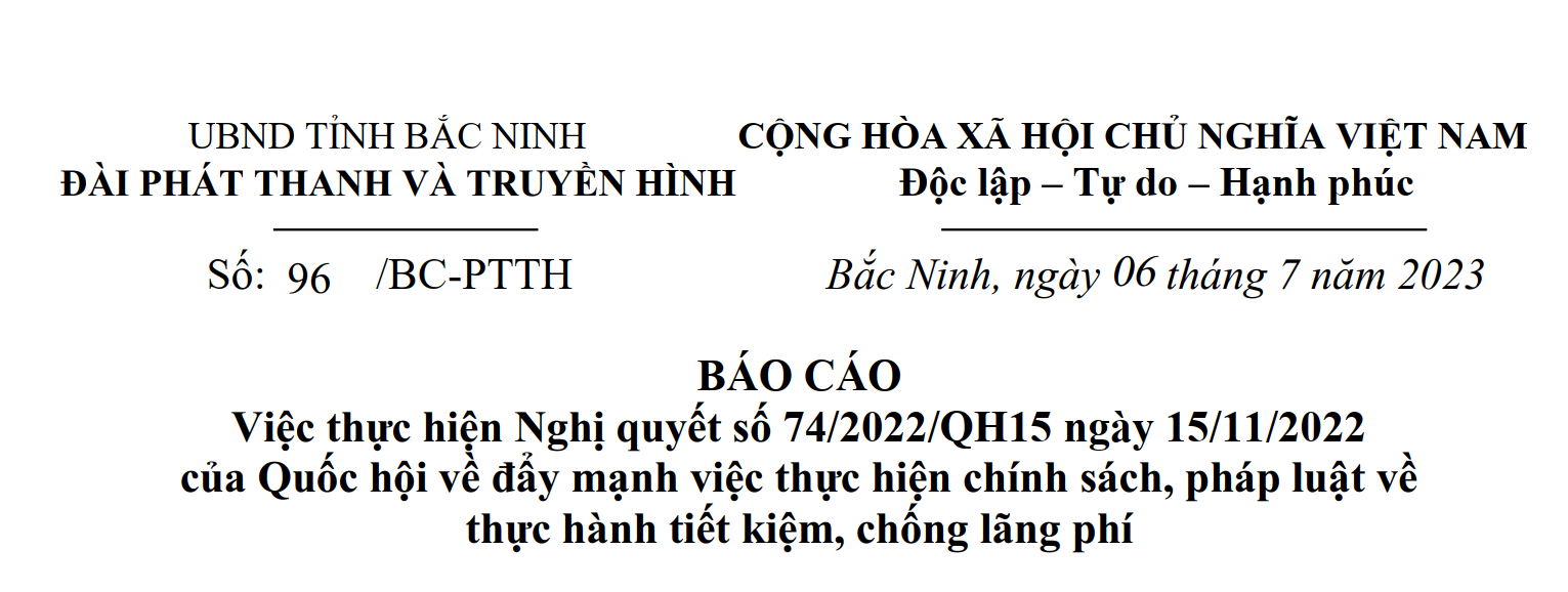 Báo cáo: Việc thực hiện Nghị quyết số 74/2022/QH15 ngày 15/11/2022 của Quốc hội về đẩy mạnh việc thực hiện chính sách, pháp luật về thực hành tiết kiệm, chống lãng phí