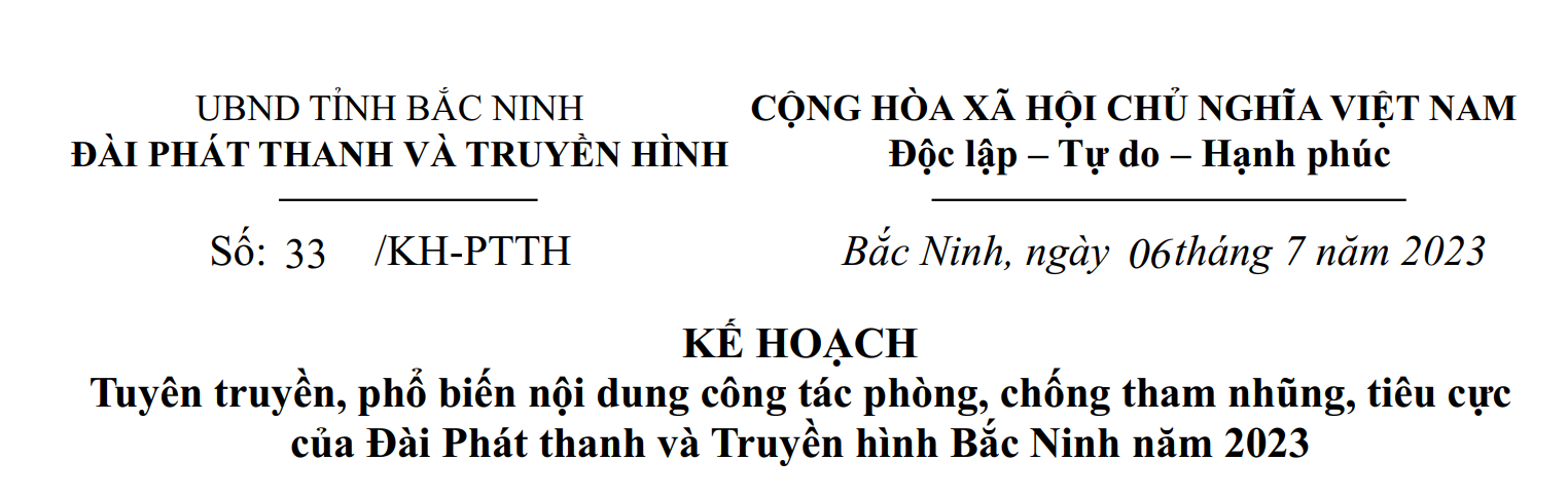 Kế hoạch: Tuyên truyền, phổ biến nội dung công tác phòng, chống tham nhũng, tiêu cực của Đài Phát thanh và Truyền hình Bắc Ninh năm 2023