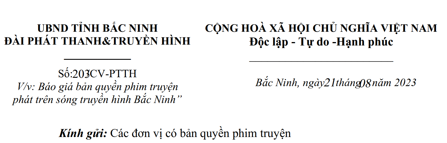 V/v: Báo giá bản quyền phim truyện phát trên sóng truyền hình Bắc Ninh