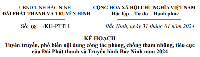 Kế hoạch tuyên truyền, phổ biến nội dung công tác phòng, chống tham nhũng, tiêu cực của Đài Phát thanh và Truyền hình Bắc Ninh năm 2024