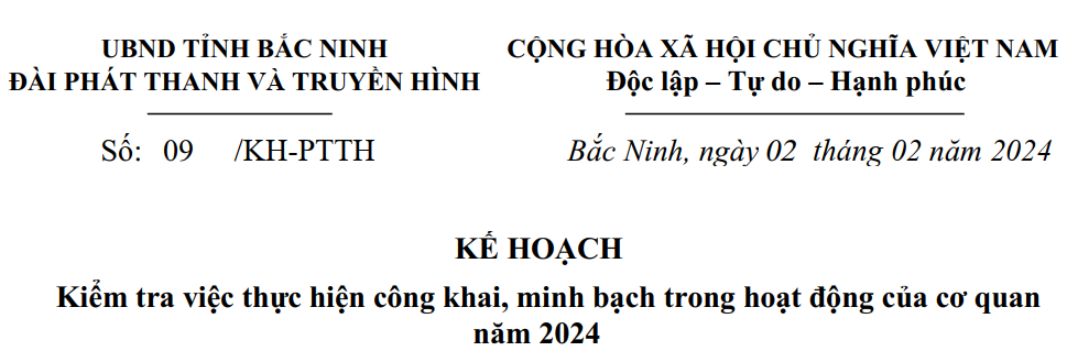 Kế hoạch kiểm tra việc thực hiện công khai, minh bạch trong hoạt động của cơ quan năm 2024