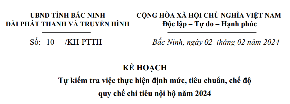 Kê hoạch tự kiểm tra việc thực hiện định mức, tiêu chuẩn, chế độ quy chế chi tiêu nội bộ năm 2024