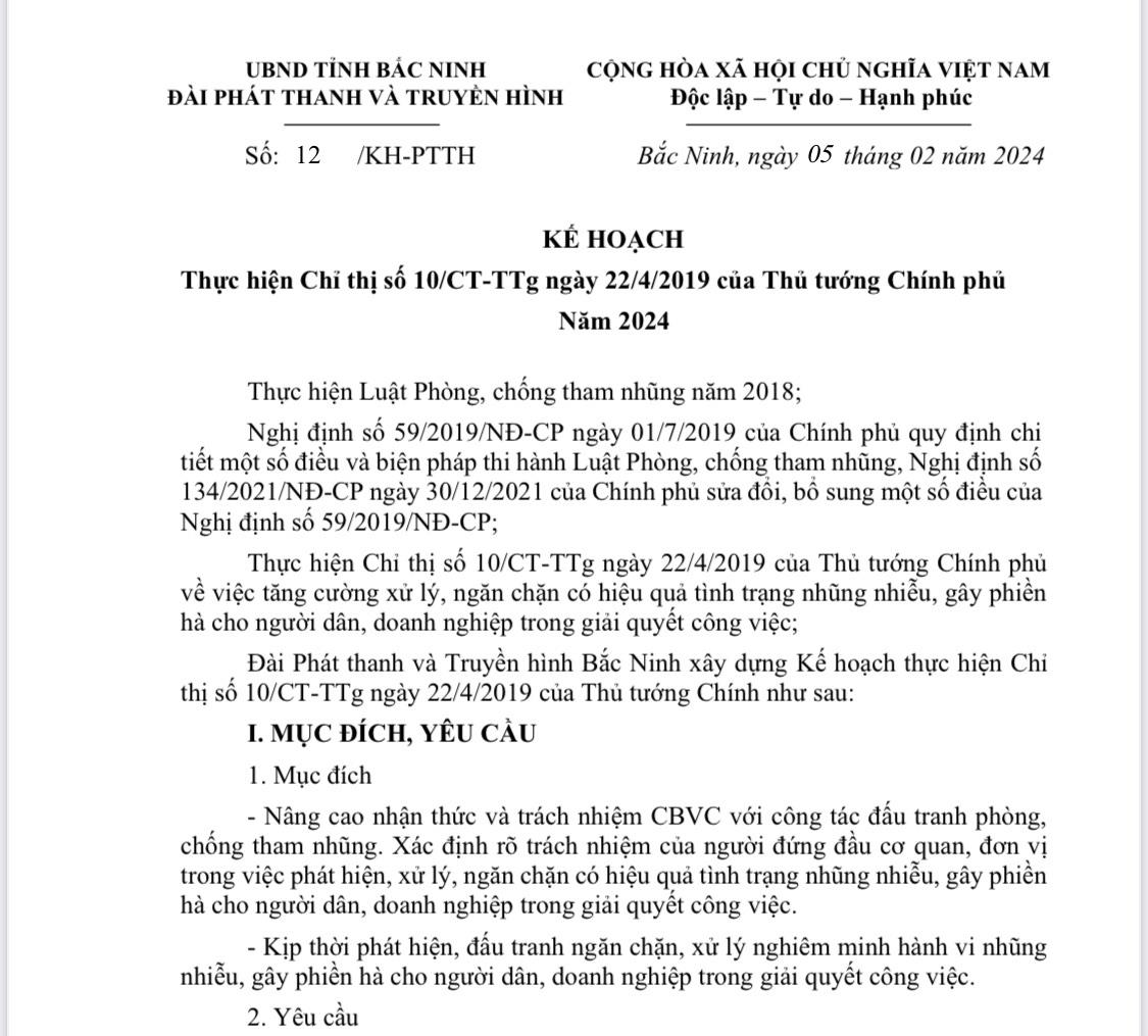 KẾ HOẠCH Thực hiện Chỉ thị số 10/CT-TTg ngày 22/4/2019 của Thủ tướng Chính phủ Năm 2024​