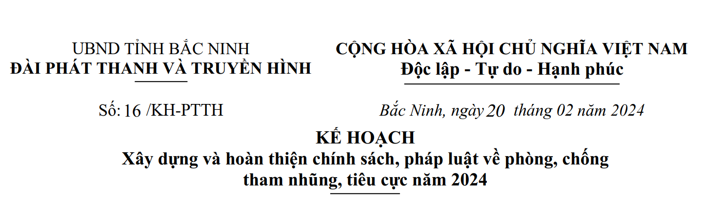 Kế hoạch: Xây dựng và hoàn thiện chính sách, pháp luật về phòng, chống tham nhũng, tiêu cực năm 2024