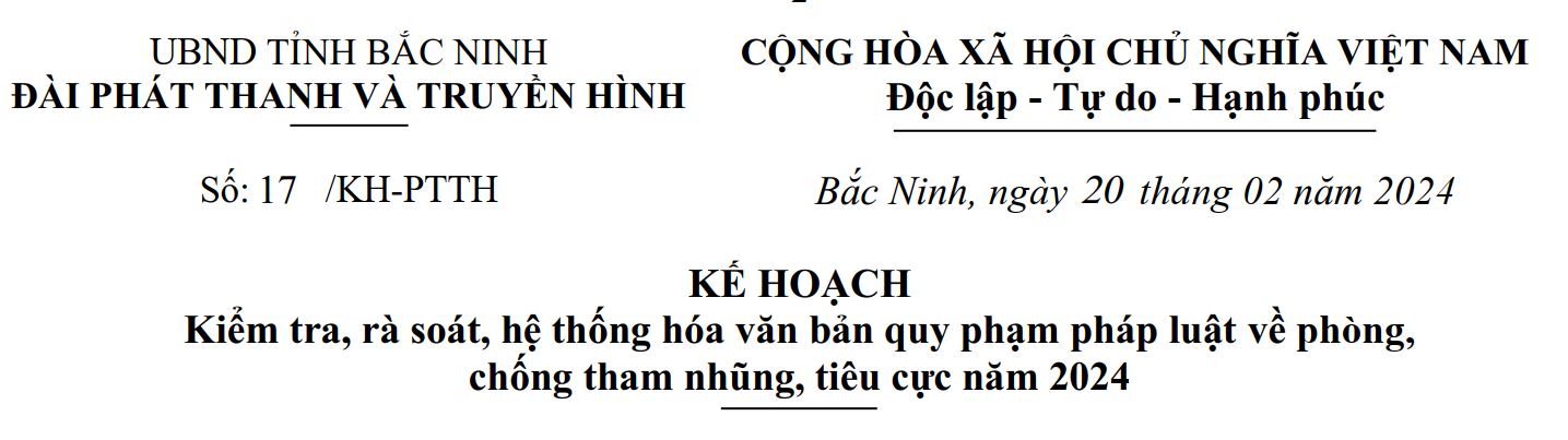 Kế hoạch: Kiểm tra, rà soát, hệ thống hóa văn bản quy phạm pháp luật về phòng, chống tham nhũng, tiêu cực năm 2024