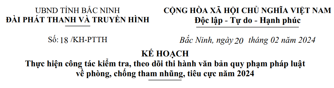 Kế hoạch:Thực hiện công tác kiểm tra, theo dõi thi hành văn bản quy phạm pháp luật về phòng, chống tham nhũng, tiêu cực năm 2024