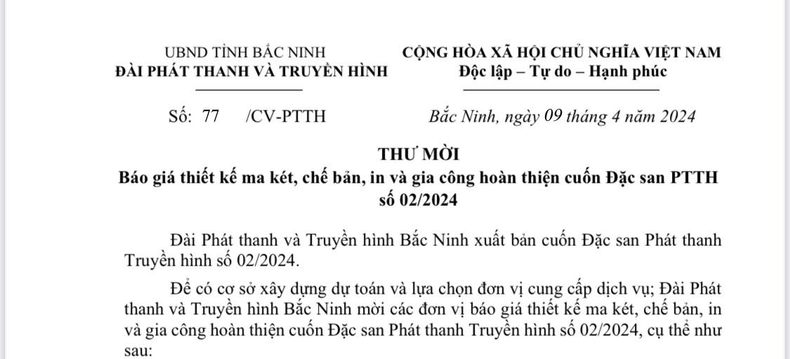 THƯ MỜI Báo giá thiết kế ma két, chế bản, in và gia công hoàn thiện cuốn Đặc san PTTH số 02/2024