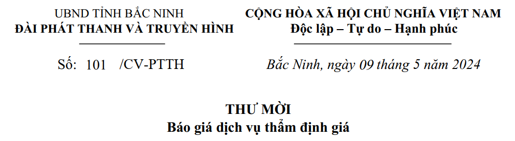 THƯ MỜI: Báo giá dịch vụ thẩm định giá