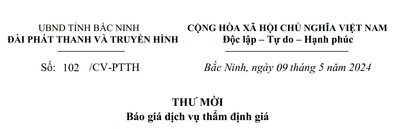 THƯ MỜI: Báo giá dịch vụ thẩm định giá
