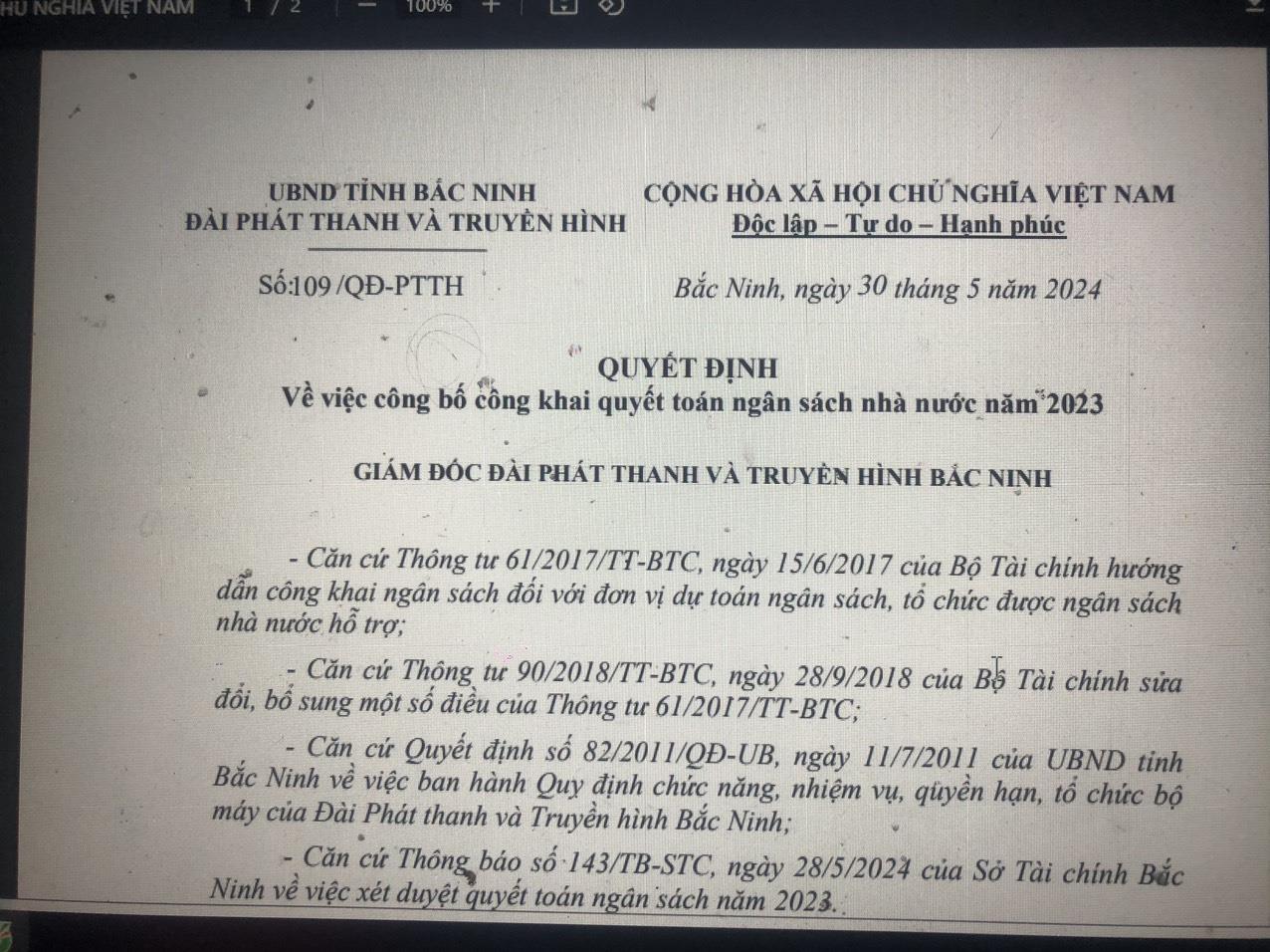 Quyết định về việc công bố công khai quyết toán ngân sách nhà nước năm 2023