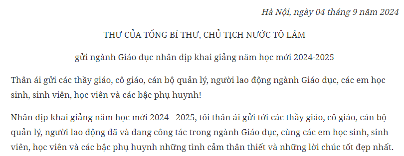 Thư của Tổng Bí thư, Chủ tịch nước Tô Lâm gửi ngành giáo dục nhân dịp khai giảng