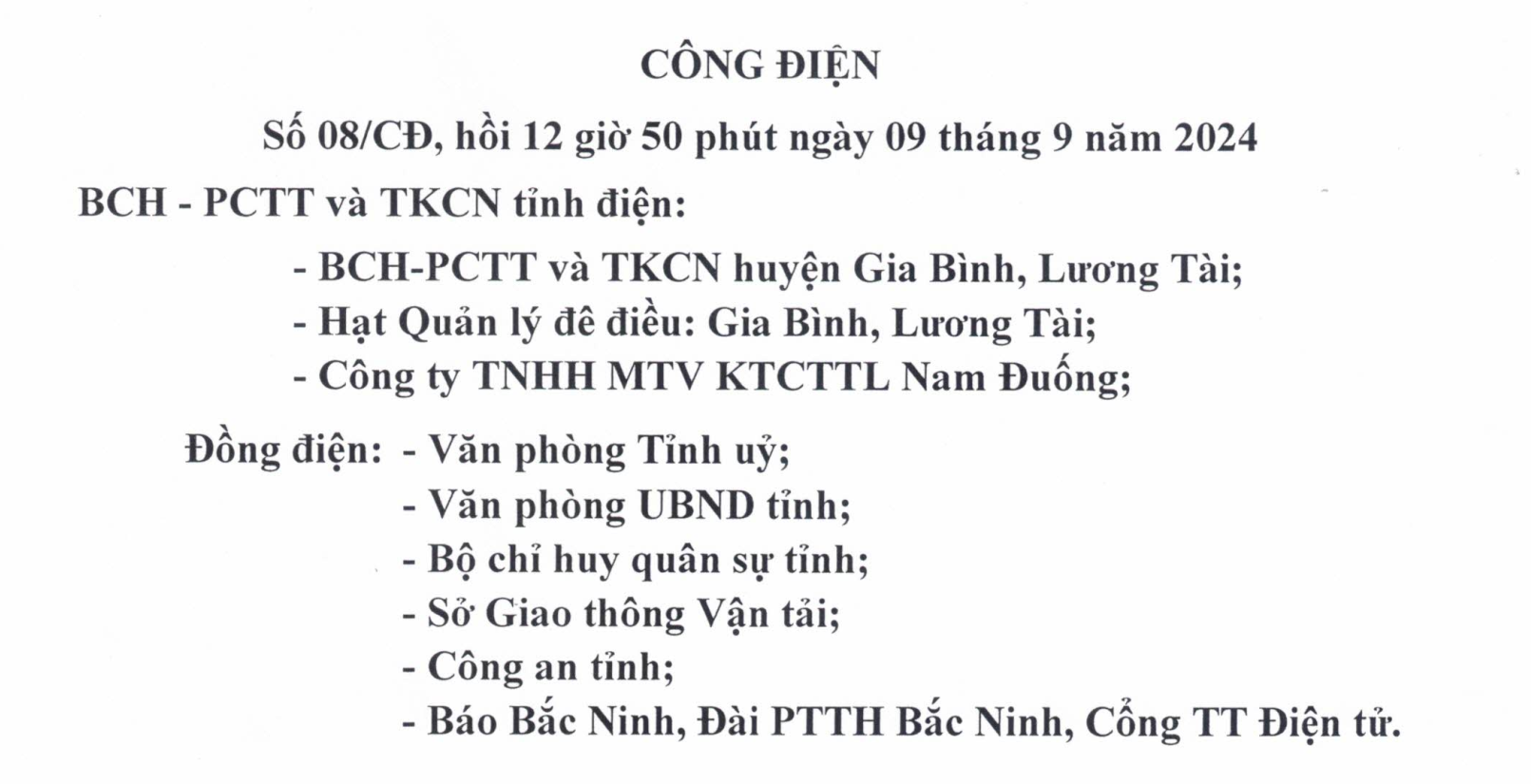 Công điện số 08/CĐ của BCH-PCTT và TKCN tỉnh