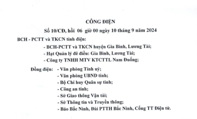 Công điện số 10/CĐ của BCH-PCTT và TKCN tỉnh