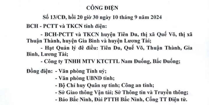 Công điện số 13/CĐ của BCH-PCTT và TKCN tỉnh