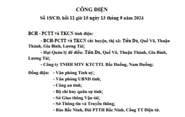 Công điện số 15/CĐ của BCH-PCTT và TKCN tỉnh