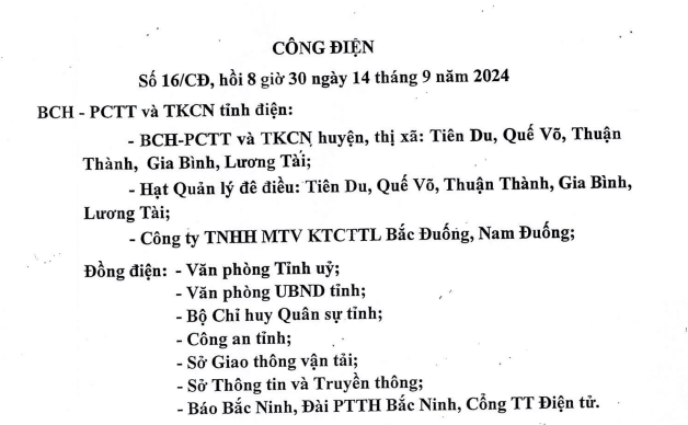 Công điện số 16/CĐ của BCH-PCTT và TKCN tỉnh