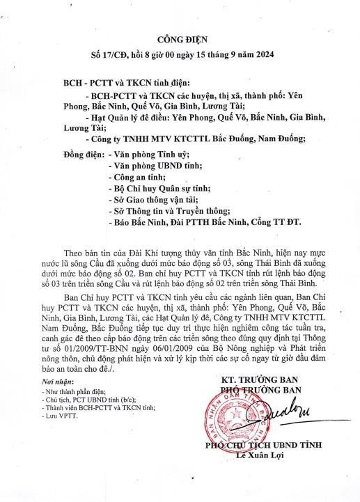 Công điện số 17/CĐ của BCH-PCTT và TKCN tỉnh