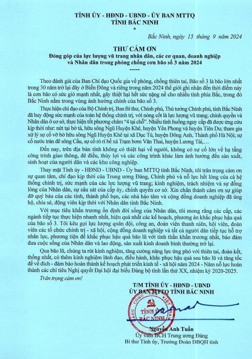 Thư Cảm ơn đóng góp của lực lượng vũ trang nhân dân, các cơ quan, doanh nghiệp và nhân dân trong phòng chống cơn bão số 3 năm 2024