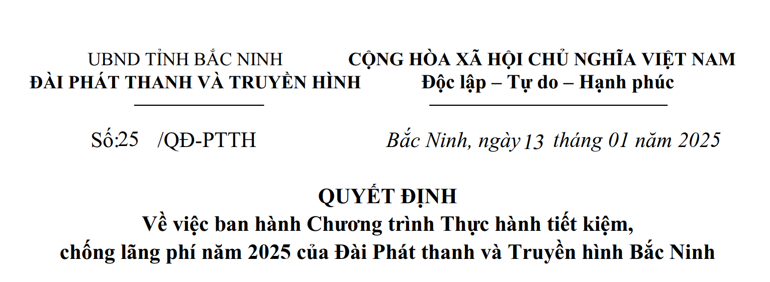 Quyết định Về việc ban hành Chương trình Thực hành tiết kiệm, chống lãng phí năm 2025 của Đài Phát thanh và Truyền hình Bắc Ninh